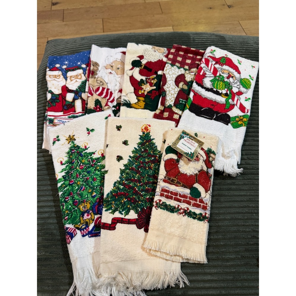 Vintage Holiday Traditions Set of 6 Guest Towels‎ Santa Christmas Trees Festive